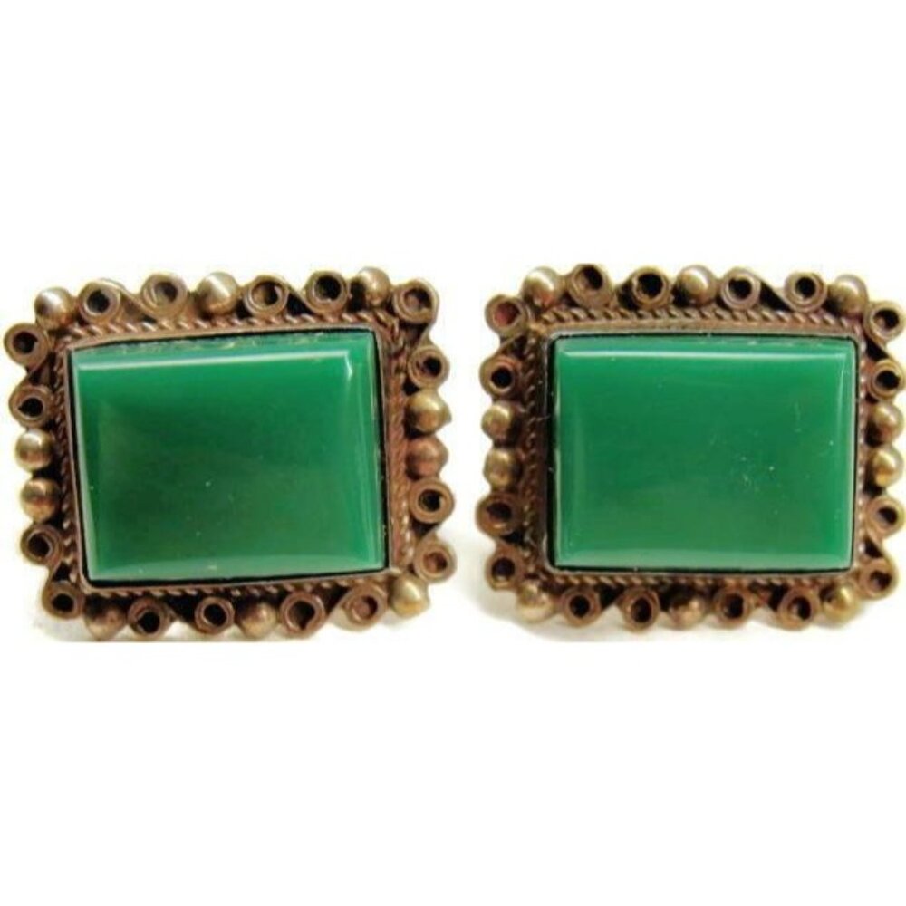 Green Turquoise Vintage Sterling Silver Screw Back Earrings Hallmarked Patina